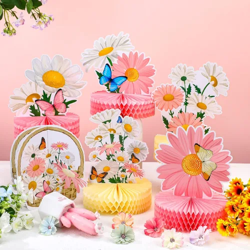 Miniatura 4 de Hotop 9 piezas de decoración de fiesta de cumpleaños con margaritas y mariposas, centros de mesa de margaritas 3D para mesas, decoración de mesa