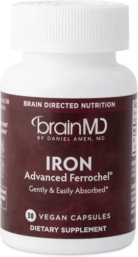 BRAINMD Dr Amen Iron - 30 cápsulas - Apoya la producción de energía, la función cognitiva y la regulación génica - Suave y fácil de absorber - Sin