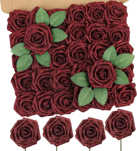 Miniatura 24 de MACTING 30 Rosas Artificiales Blancas Flores Falsas con Tallo Rosas de Espuma de Tacto Real para DIY Arreglos de Ramo de Boda Centros de Mesa White-1