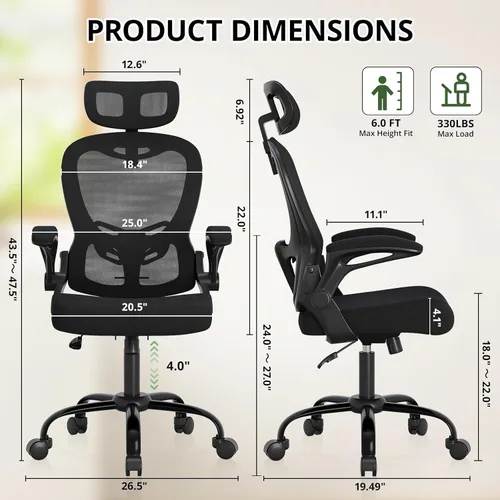 Miniatura 2 de Silla de oficina ergonómica de escritorio, capacidad de 330 libras, silla de computadora de respaldo alto con soporte lumbar, reposabrazos