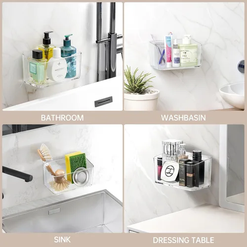 Miniatura 6 de PAVSTINE Paquete de 2 estantes de ducha transparentes, estantes adhesivos para ducha de baño, organizador de ducha de baño montado en la pared