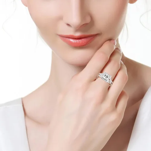 Miniatura 5 de Moissanite 2CT Princess Cut Halo Split Shank Solitaire Rings,D VVS1 Lab Created Diamond Ring 18K White Gold Plated S925 Sterling Silver Band