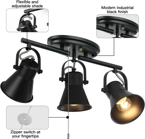 Miniatura 9 de Iluminación de pista de 3 luces con cadena de tracción, lámpara de techo ajustable negra, accesorios de iluminación de pista giratoria para cocina