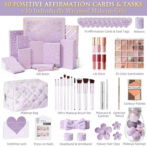 Miniatura 2 de Juego de 10 cestas de regalo de graduación envueltas para adolescentes, caja de regalo de maquillaje con tarjetas de afirmación positiva y desafíos