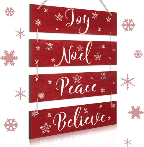 4 decoraciones rústicas de Navidad de madera, decoración de pared de Navidad, vintage, alegría, noel, paz, creer, adornos de copos de nieve, placa