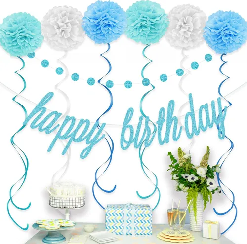 Miniatura 3 de KOKAR Decoraciones azules de feliz cumpleaños: pancarta azul de feliz cumpleaños, pompones de papel, remolinos colgantes y guirnalda de puntos