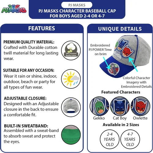 Miniatura 2 de PJ Masks Gorra de béisbol para niños, Catboy, Owlette, Gekko con ala curvada y cierre a presión (2T-7)