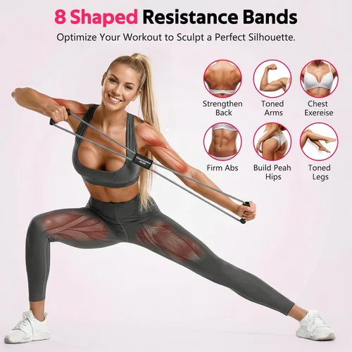 Miniatura 7 de Bandas de resistencia, figura 8 bandas de ejercicio de fitness con asas, 8 bandas de resistencia en forma de 3 para estiramiento de brazos
