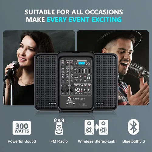 Miniatura 3 de Sistema de altavoces PA todo en uno de 2 vías, paquete de mezclador de DJ, mezclador de 8 canales de 300 W, Bluetooth, kit de amplificador