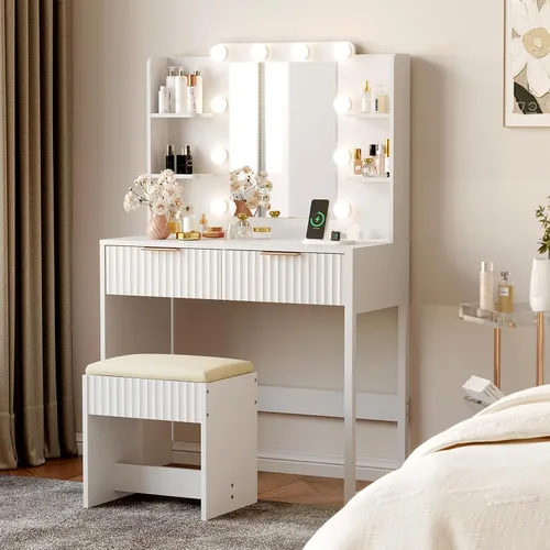 VINGLI - Escritorio de maquillaje con estantes acanalados y espejo con luces y toma de corriente, mesa de tocador pequeña con 2 cajones y 4 estantes