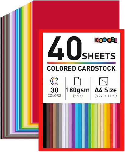 Koogel 40 hojas de cartulina de colores, 30 colores surtidos de papel de construcción para impresora, cartulina de 70 lb/180 GSM para impresión,