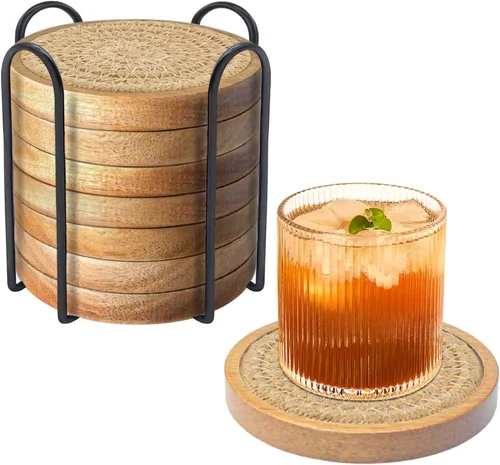 Miniatura 17 de Eykao Paquete de 5 posavasos absorbentes para bebidas, posavasos tejidos de 4.3 pulgadas para mesas de café, posavasos de madera para protección