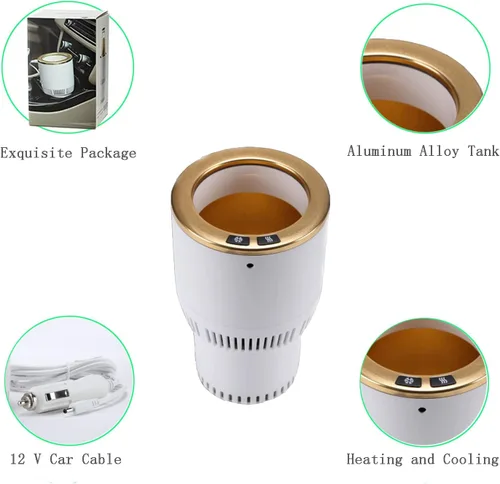 Miniatura 6 de Portavasos para automóvil con enfriador de bebidas, calentador inteligente de tazas, soporte para vasos 2 en 1 para automóvil (blanco con dorado)