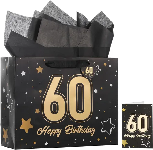 Miniatura 28 de Powbrace Bolsa de regalo de cumpleaños negra con papel de seda y tarjeta de felicitación, 13 x 10.2 x 4.9 pies, mediana