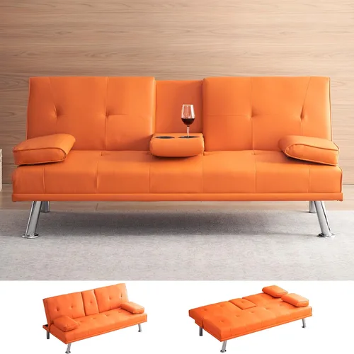 KEIKI Sofá futón plegable de cuero de 67 pulgadas con portavasos y respaldo ajustable, moderno de mediados de siglo, sofá biplaza convertible para