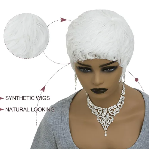 Miniatura 5 de Pelucas blancas cortas Pixie para mujeres negras, cabello sintético ondulado natural con gorra ligera, peluca corta de corte Bob con textura suave