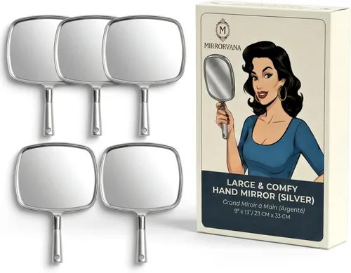 MIRRORVANA Espejo de mano grande y cómodo con asa, modelo de salón plateado (paquete de 5)