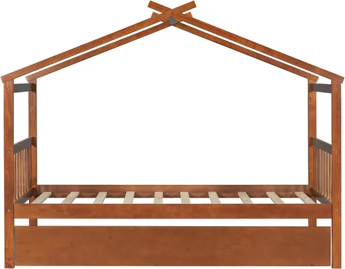 Miniatura 6 de Cama individual de casa con nido para niños, cama individual de madera con techo, marco de cama de plataforma de tamaño individual, cama con dosel