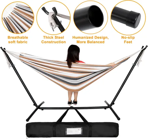 Miniatura 3 de SUPER DEAL Hamaca portátil para 2 personas con soporte de hamaca de 9 pies, capacidad de 620 libras, cama de hamaca ajustable con funda