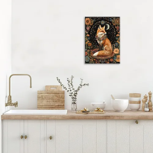 Miniatura 6 de Lienzo decorativo para pared, diseño de zorro, diseño bohemio de animales para cocina, sala de estar, dormitorio, baño, oficina, zorros, pintura