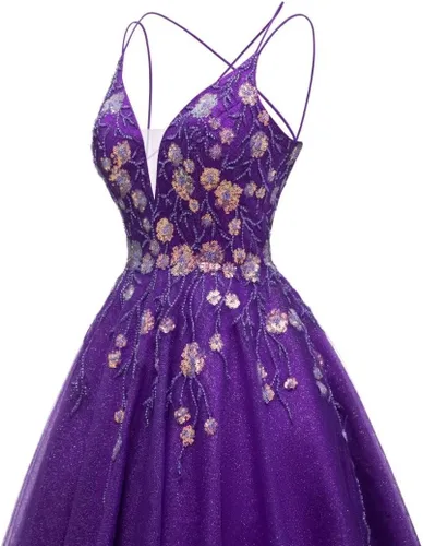Miniatura 4 de Vestidos de tul con apliques de encaje, vestido corto de lentejuelas brillantes, tirantes delgados, cuello en V, vestidos de cóctel