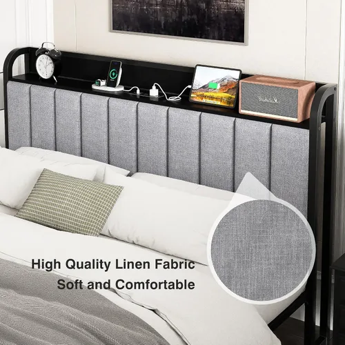 Miniatura 5 de VECELO Queen Bed Frame, Storage Upholstered Headboard with Charging Station, Platform Bedframe, Heavy Duty Metal Slats, No Box Spring Needed