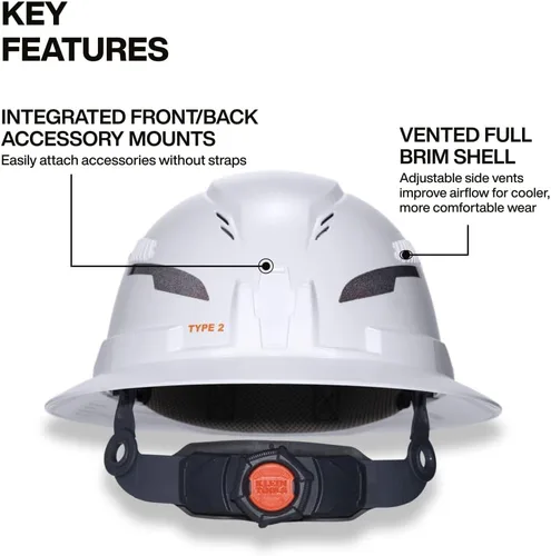 Miniatura 5 de Klein Tools Type 2 Hard Hat, Vented Full Brim, Class C, 6-Point Suspension with Accessory Mounts, Washable Padding, and Rechargeable Headlamp