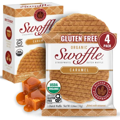 Miniatura 6 de Stroopwafels Orgánicos Certificados Sin Gluten de Swoffle - Relleno de Caramelo (16) Obleas de 1.16oz Sin OGM, Sin Trigo, Kosher, Sin Soja y Sin