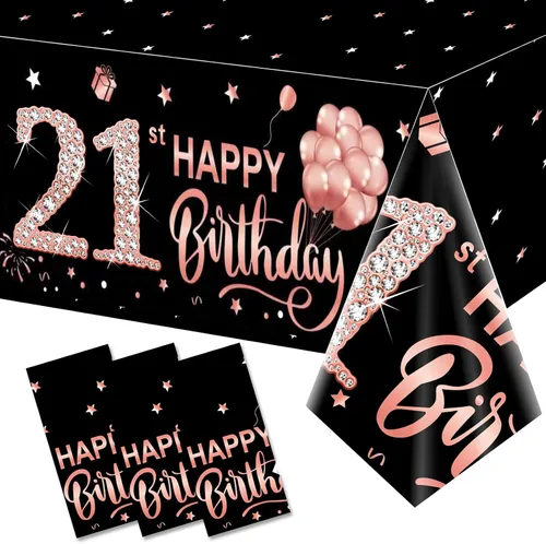 Paquete de 3 manteles de color oro rosa para cumpleaños número 21 para mujeres y niñas, mantel temático de feliz cumpleaños 21, suministros de