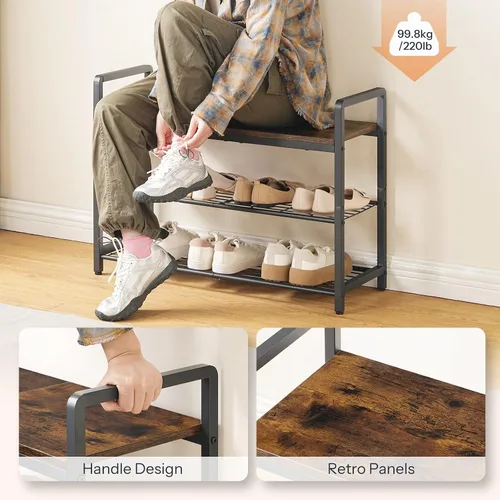 Miniatura 4 de HOOBRO Banco de zapatos para entrada, organizador industrial de almacenamiento de zapatos de 3 niveles con asas superiores y laterales de madera
