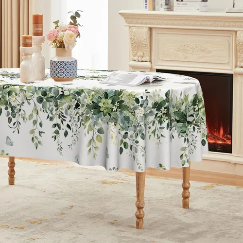 Miniatura 13 de Horaldaily Mantel de primavera rectangular de 52 x 70 pulgadas, mantel floral de eucalipto azul para decoración de fiestas, pícnic, cenas