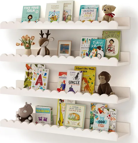 Miniatura 13 de Shario Estantes para libros de guardería, paquete de 4 estantes flotantes para pared de niños, estantes festoneados, estantes de pared
