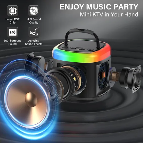 Miniatura 3 de JYX Mini Máquina de Karaoke para Niños, Altavoz de Karaoke Bluetooth Portátil con Gabinetes Sin Energía, 2 Micrófonos Inalámbricos y Luces de Fiesta