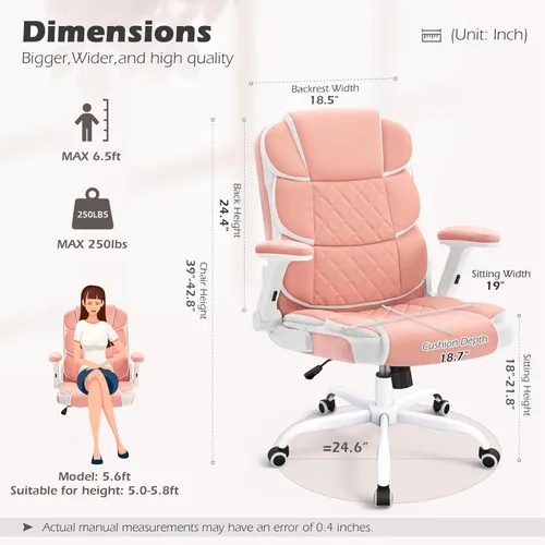 Miniatura 3 de SEATZONE Silla ergonómica de oficina de piel sintética rosa, silla de computadora con ruedas y brazos abatibles, silla giratoria con ruedas
