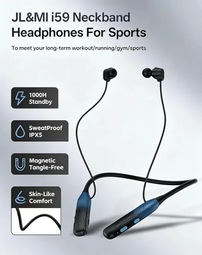 Miniatura 2 de JL&MI Neckband - Auriculares Bluetooth con batería extra de 1000 horas, con cancelación de ruido, 80 horas de reproducción, auriculares para correr