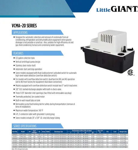 Miniatura 10 de Little Giant VCMA-20ULS 115 voltios, 80 GPH, 1/30 HP Bomba de eliminación automática de condensado para sistemas