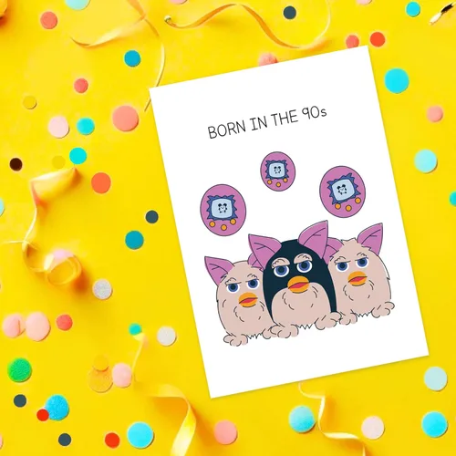 Miniatura 5 de Tarjeta de felicitación Born In The 90s Tarjeta de cumpleaños para bebé de los 90, nacido en los noventa, furbies, tamagotchis, colorido