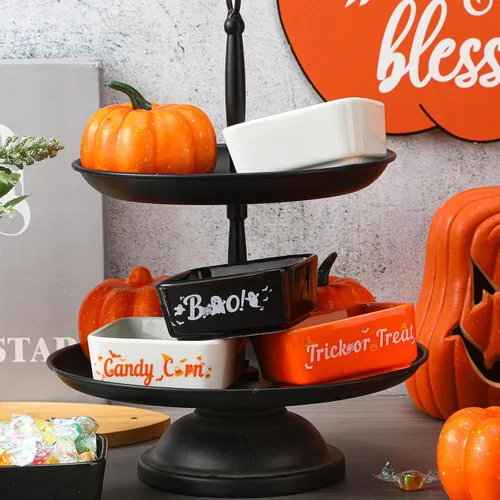Miniatura 5 de Tanlade 3 piezas de tazón de caramelos de Halloween, mini plato para decoración de bandeja escalonada, tazón de caramelos de maíz cerámico