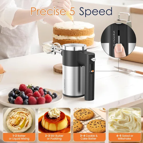 Miniatura 3 de Potente batidora de mano de 600W, batidora de mano eléctrica de 5 velocidades para hornear, ligera con 2 batidores de mano de acero inoxidable y 2