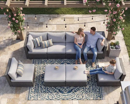 Miniatura 62 de NICESOUL Juego de muebles de patio para exteriores de 7 piezas con mesa para hoguera, gas natural y propano convertible, respaldo alto de 29.3