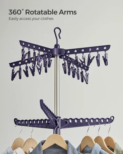 Miniatura 61 de SONGMICS ULLR510B01 - Estante de secado de ropa plegable de 59 pulgadas con 3 brazos giratorios para perchas, 4 patas, acero inoxidable, para 27