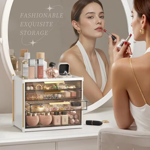 Miniatura 6 de Aveniee Organizador de maquillaje con 4 cajones, organizadores y almacenamiento de baño, contenedores de plástico para encimera, perfumes, tocador