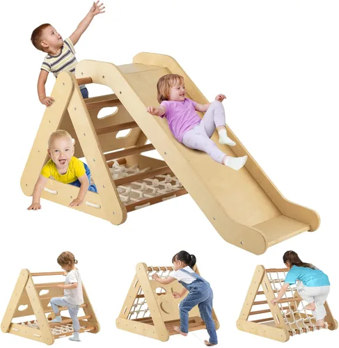 Miniatura 10 de Costzon - Juguete escalador de madera 4 en 1 para niños pequeños, escalador triangular con rampa deslizante, tabla y red para escalar, juguete