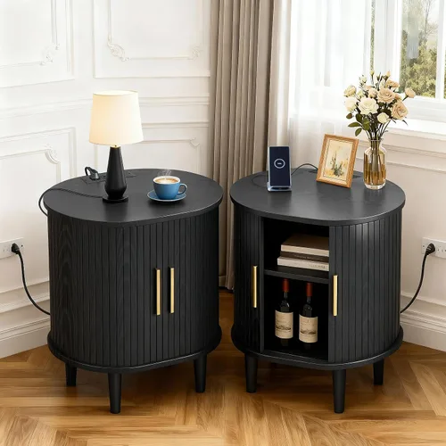 Miniatura 17 de DHH Mesita de noche moderna de mediados de siglo con estación de carga, mesa auxiliar acanalada con puerta corredera y estante ajustable, mesa Negro