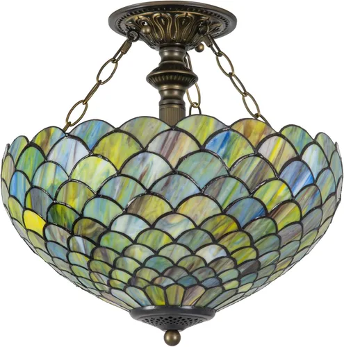 Miniatura 11 de Lámpara de techo Tiffany con vidrieras verdes de glicinia, montaje semi empotrado, lámpara amplia de 16 pulgadas de ancho y 15 pulgadas de altura