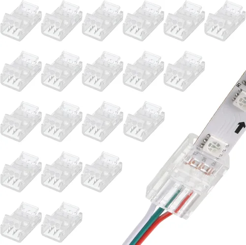 Flutesan 20 piezas 3 pines 10mm conectores de tira de luz LED sin soldadura, conectores de iluminación de pista transparente para tira de luz RGB