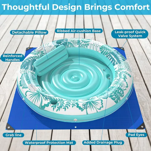 Miniatura 7 de Inflatable Tanning Pool Lounger Float with Protection Tarp, 75" x 75" Pool Floats Adult with Pillow, 6 in 1 Suntan Tub Raft Floatie, Sunbathing Cian