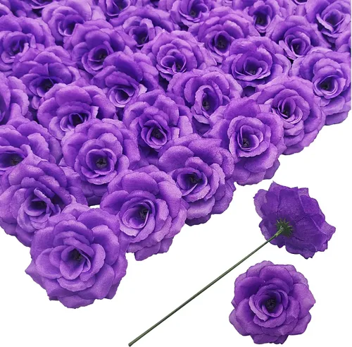 Miniatura 17 de Flores artificiales de rosas, 50 unidades de rosas plateadas a granel con tallo, cabeza de flor falsa de rosa de seda de 3 pulgadas para bodas, Plata