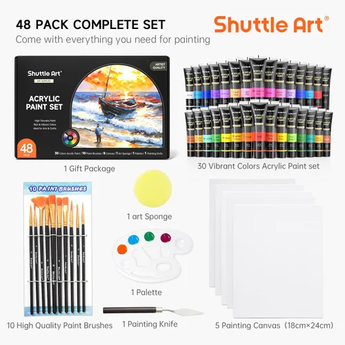 Miniatura 2 de Shuttle Art Juego de 48 pinturas acrílicas, 30 colores de pintura acrílica (36ml) con 10 pinceles, 5 lienzos, 1 cuchillo de pintura, 1 paleta, 1