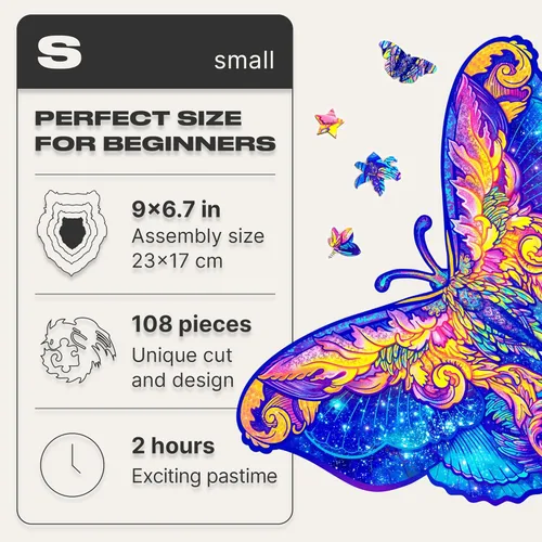 Miniatura 2 de UNIDRAGON Rompecabezas de madera para adultos, rompecabezas únicos, tamaño pequeño, mariposa intergalaxia, 9 x 6.7 pulgadas, 108 piezas, Deko